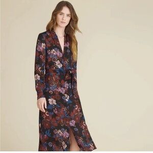 Veronica Beard Leanna Silk Button Front Shirtdress 4 Black Multi Floral Red Blue